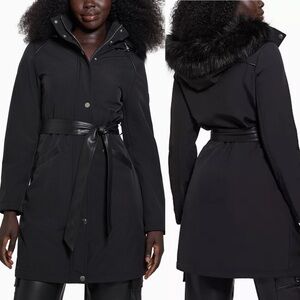 GUESS Women's Softshell Hoodie Belt Parka, Jet Black